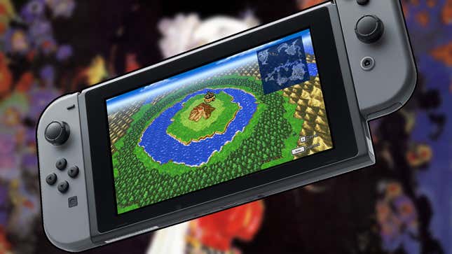 A Nintendo Switch shows an airship flying over Gurgu Volcano in the first Final Fantasy.