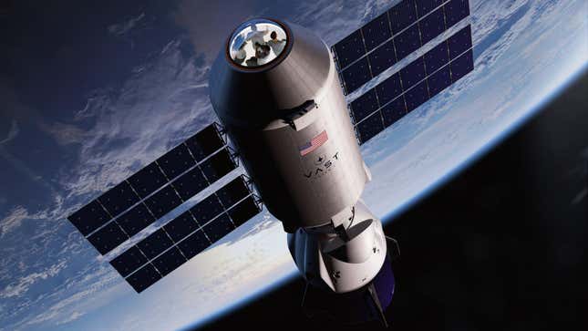 An illustration of the SpaceX Dragon docked to Haven-1 with a four person crew.