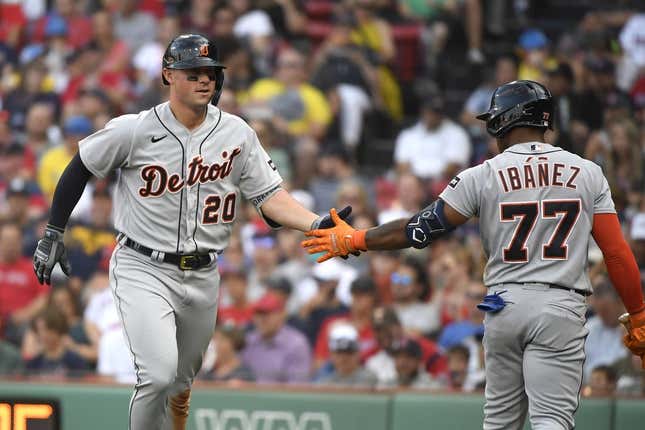 Aug 12, 2023; Boston, Massachusetts, USA;  Detroit Tigers second baseman Andy Ibanez (77) congratulates first baseman Spencer Torkelson (20) after hitting a home run during the sixth inning against the Boston Red Sox at Fenway Park.