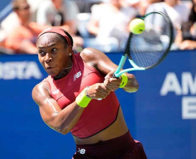 Aug 30, 2023; Flushing, NY, USA; Coco Gauff of the USA hits to Mirra Andreeva on day three of the 2023 U.S. Open tennis tournament at USTA Billie Jean King National Tennis Center.