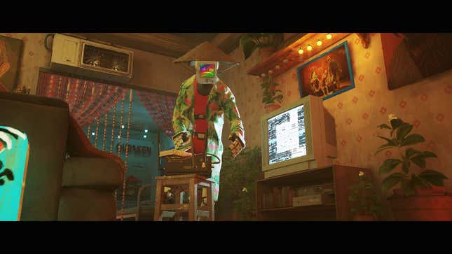 A rice paddy hat wearing robot struggles with a device.