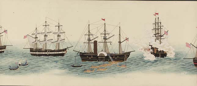 A painting of US commodore Matthew Perry’s visit to Japan in 1854, believed to have been painted by Hibata Ōsuke.