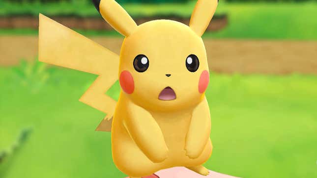 A screenshot shows a surprised Pikachu in front of a grassy field. 