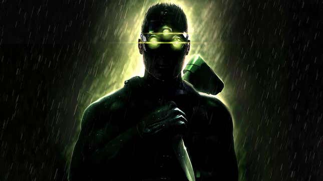 A dark image shows a man wearing green glowing goggles in the rain. 