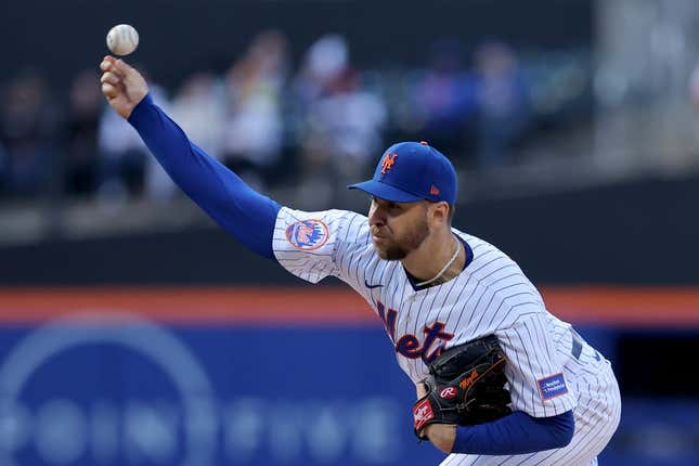 May 1, 2023; New York City, New York, USA; New York Mets starting pitcher Tylor Megill (38) pitches against the Atlanta Braves during the third inning at Citi Field.
