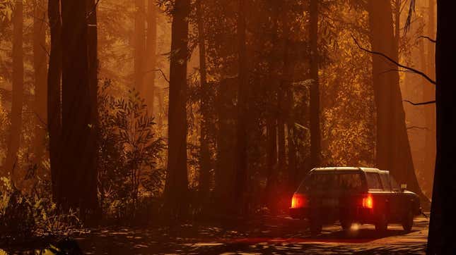 A station wagon drives through an orange-lit forest.