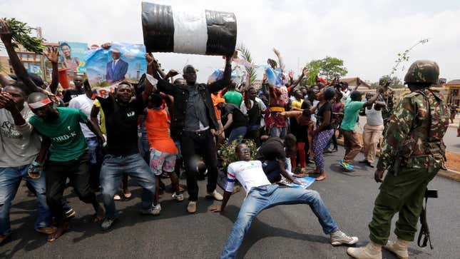 Celebrations in Kibera slum after president Uhuru Kenyatta's election win was declared invalid by a court in Nairobi, Kenya, September 1, 2017.