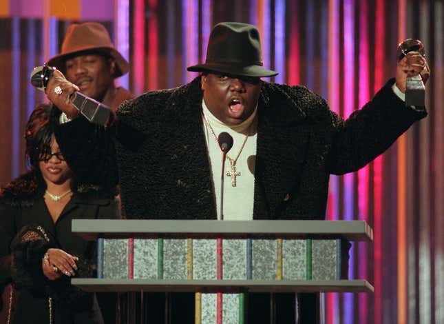 This Dec. 6, 1995, file photo shows Notorious B.I.G accepting rap artist and rap single of the year during the Billboard Music Awards in New York. The late rap icon, born Christopher Wallace, will be honored at the ASCAP Rhythm &amp; Soul Awards on June 22, 2017. 