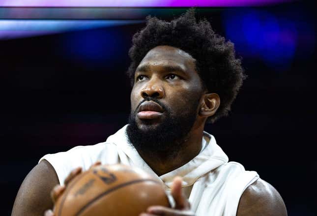 Mar 20, 2023; Philadelphia, Pennsylvania, USA; Philadelphia 76ers center Joel Embiid (21) warms up before a game against the Chicago Bulls at Wells Fargo Center.
