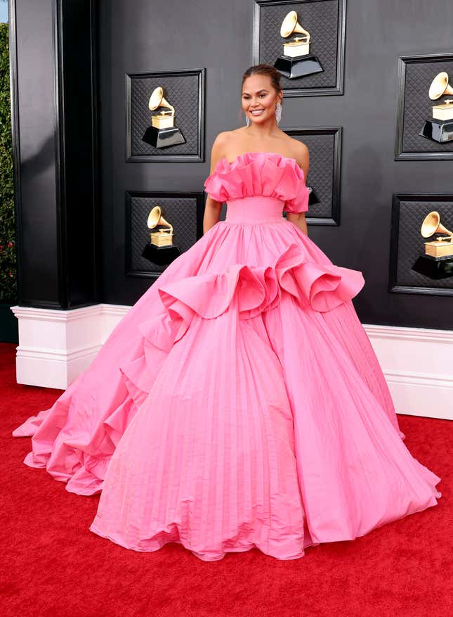 Chrissy Teigen attends the 64th Annual GRAMMY Awards at MGM Grand Garden Arena on April 03, 2022 in Las Vegas, Nevada