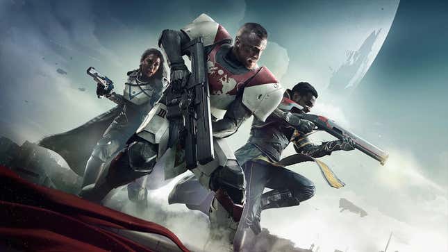 A squad of Destiny 2 characters is seen with their weapons drawn.