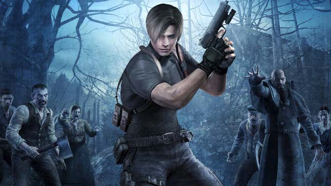 Leon from Resident Evil 4 holding his pistol while standing in front of a crowd of zombies. 