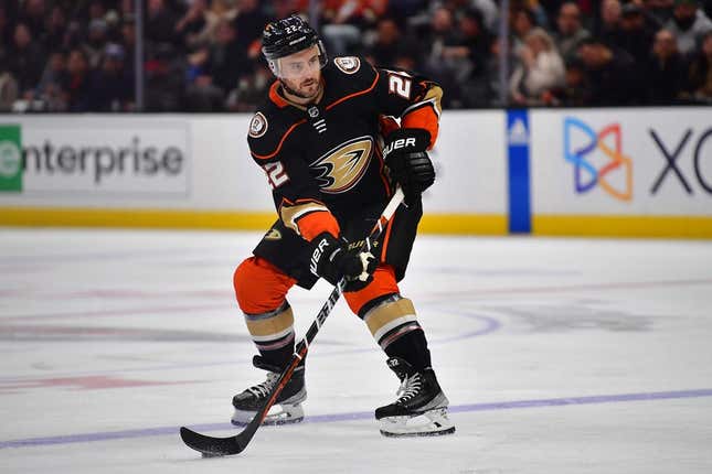 Mar 21, 2023; Anaheim, California, USA; Anaheim Ducks defenseman Kevin Shattenkirk (22). controls the puck against the Calgary Flames during the second period at Honda Center.