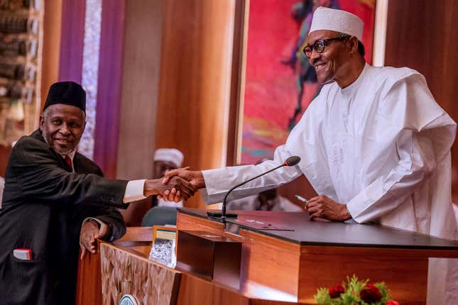 Nigeria’s president Buhari swears in Tanko Mohammed as the acting Chief Justice in Abuja