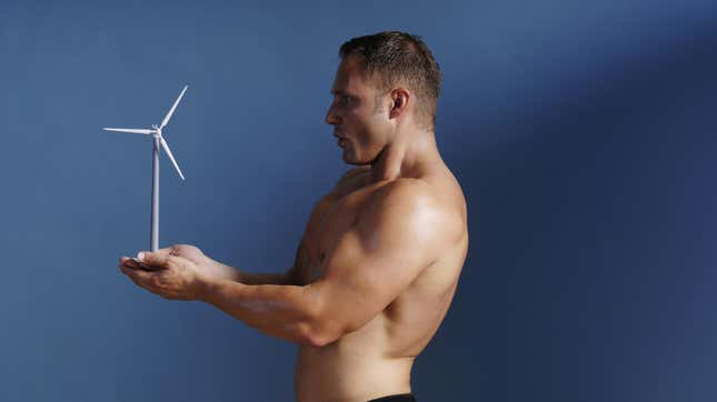 Let this stock photo of this intensely buff man blowing vainly on a windmill be my legacy.