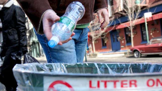A local resident discards a plastic bottle—just as he has done his whole life—with no perceivable effect on the environment.