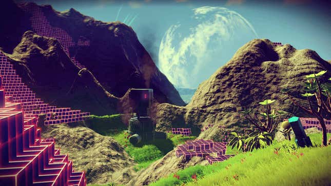 A planet looms on the horizon over a resource factory in No Man's Sky.