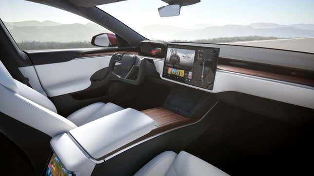The interior of a Tesla electric car. 