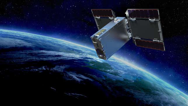 An illustration of the EYE nano-satellite in Earth orbit. 