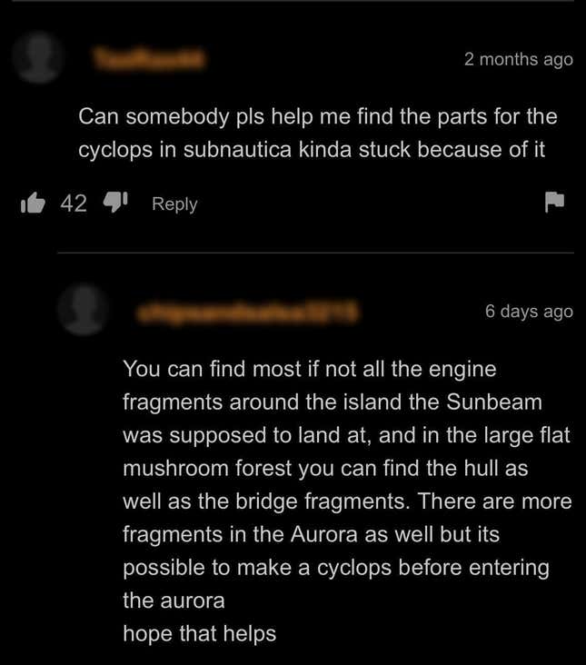 A screenshot of the comments section of a Pornhub video where two users discuss how to get parts for the Cyclops ship in Subnautica. 