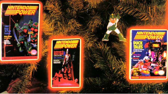 An ad from Nintendo Power shows several issues and a Megaman charm hanging on a Christmas tree.