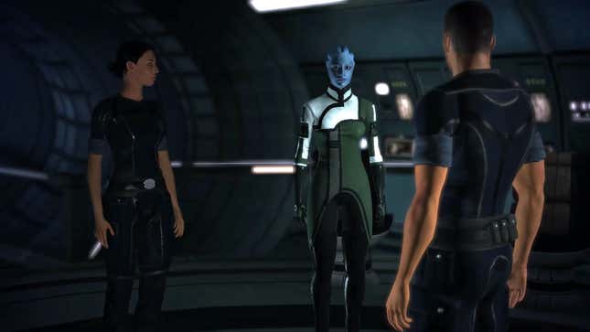 Ashley Williams (left) and Liara T’Soni (right) confront Commander Shepard after he expresses romantic interest in both of them, forcing him to pick who he truly feels affection for.