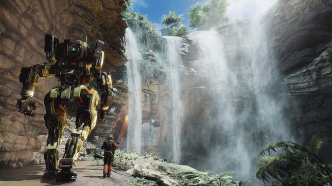BT and Jack walk next to a waterfall in Titanfall 2 on Xbox Game Pass.