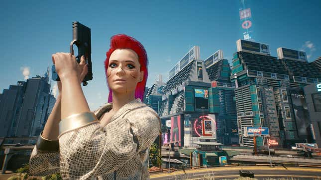 My character in CD Projekt Red's Cyberpunk 2077 has short pink hair, is holding a gun, and wearing a snakeskin blazer in this screenshot from the game.