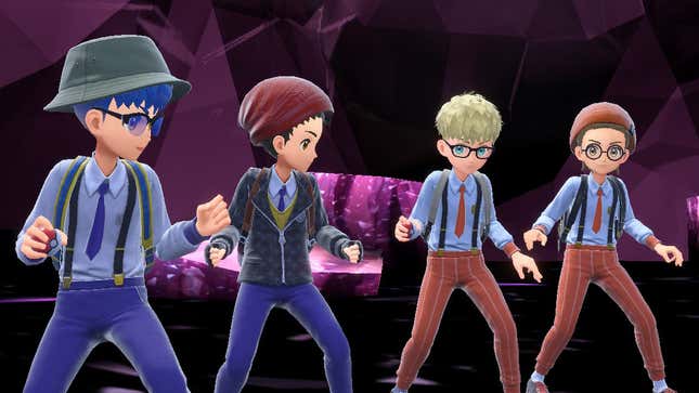 Four Pokémon trainers stand in a tera raid den in Pokémon Scarlet and Violet.
