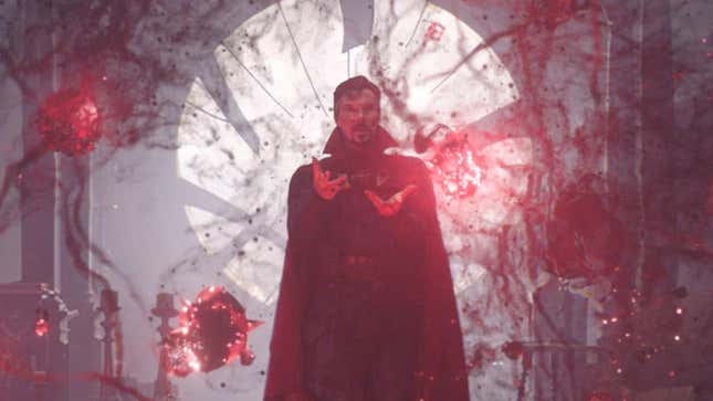 Doctor Strange stands in front of his iconic round window surrounded by a bunch of different spells.