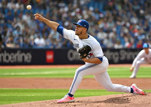 May 13, 2023; Toronto, Ontario, CAN; Toronto Blue Jays starting pitcher Jose Berrios (17) delivers a pitch against the Atlanta Braves in the second inning at Rogers Centre.
