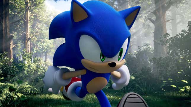 Sonic is staring angrily at something off-screen while running through a lush forest.