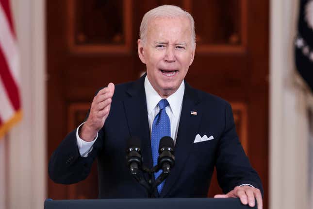 U.S. President Joe Biden deliver remarks on the Supreme Court decision on Dobbs v. Jackson Women’s to overturn Roe V. Wade in the Cross Hall of the White House on June 24, 2022 in Washington, DC.