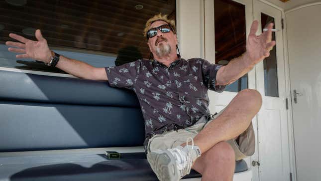 John McAfee during an interview with Agence France-Presse while anchored on his (heavily armed) yacht at the Marina Hemingway in Havana, Cuba, in June 2019.