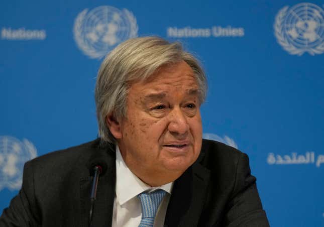 U.N. Secretary General Antonio Guterres addresses a press conference ahead of the G20 Summit in New Delhi, India, Friday, Sept., 8, 2023. (AP Photo/Channi Anand)