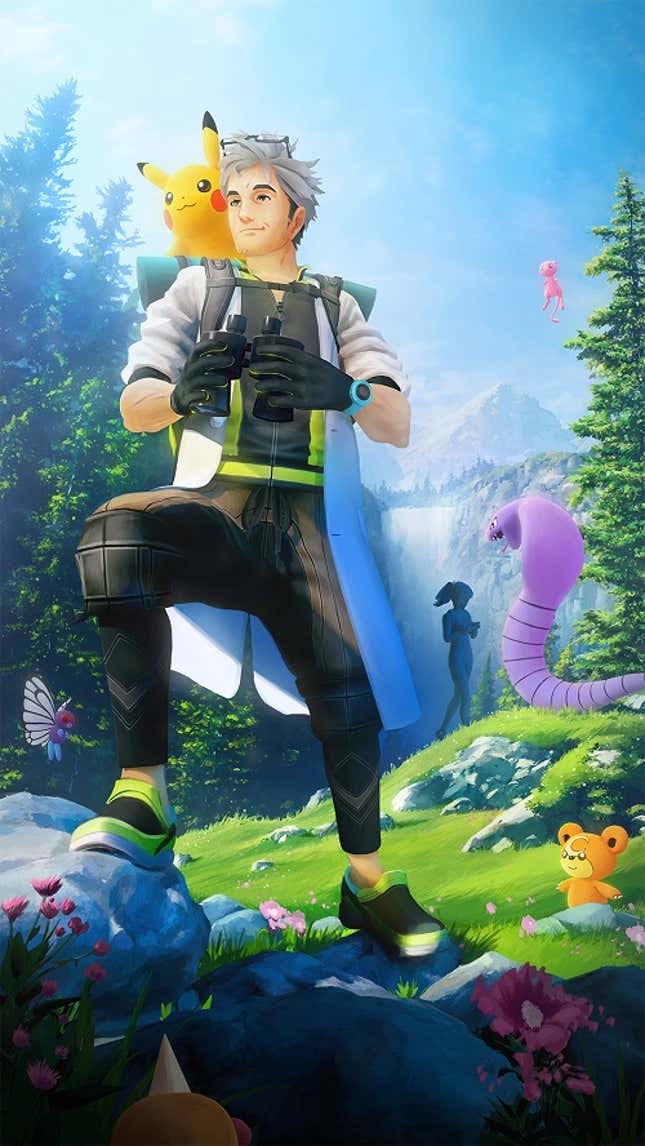 Professor Willow is shown with a Pikachu on his shoulder and exploring the wilderness looking for Pokemon.