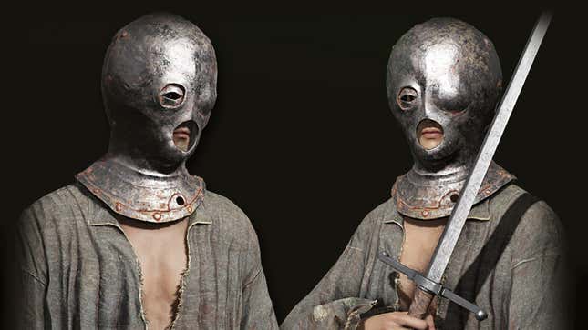 Two prisoners wearing iron masks.