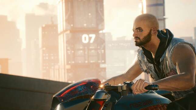 V is shown riding a motorcycle through Night City.
