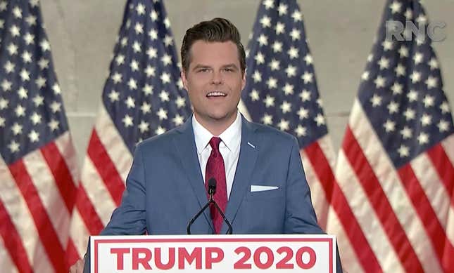 In this screenshot from the RNC’s livestream of the 2020 Republican National Convention, U.S. Rep. Matt Gaetz (R-FL) addresses the virtual convention on August 24, 2020.