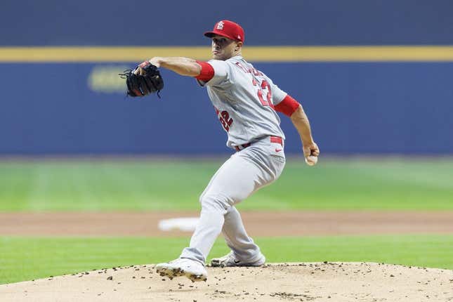 Apr 7, 2023; Milwaukee, Wisconsin, USA;  St. Louis Cardinals pitcher Jack Flaherty (22) throws a pitch during the first inning against the Milwaukee Brewers at American Family Field.