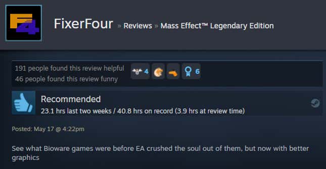 Image for article titled Mass Effect: Legendary Edition, As Told By Steam Reviews