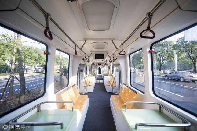 Image for article titled The world’s first self-driving “rail bus” is taking its inaugural journey in China without tracks