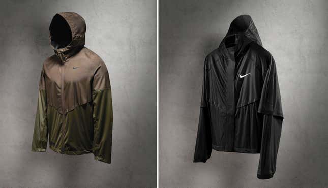 The Nike Run Division Aerogami Jacket pictured in black and brown/green colorways.