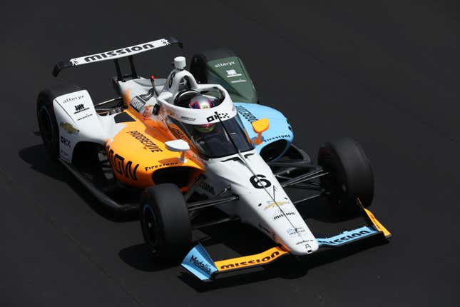 Juan Pablo Montoya in his No. 6 Arrow McLaren SP Chevrolet during practice for the 2022 Indy 500