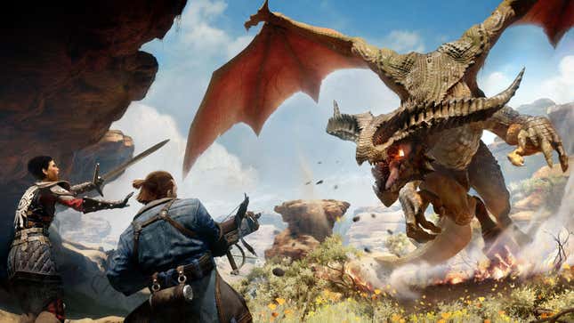 Dragon Age: Inquisition's heroes fight a giant dragon. 