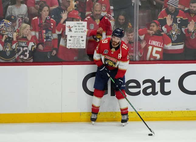 June 10, 2023; Sunrise, FL, USA; Florida Panthers left wing Matthew Tkachuk (19) warms up before playing against the Vegas Golden Knights in game four of the 2023 Stanley Cup Final at FLA Live Arena.
