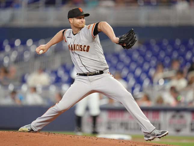 Apr 19, 2023; Miami, Florida, USA;  San Francisco Giants starting pitcher Alex Cobb (38) pitches against the Miami Marlins in the first inning at loanDepot Park.