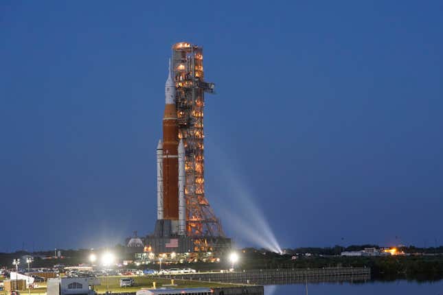 Image for article titled Our First Views of NASA’s Long-Awaited Megarocket, Fully Stacked and on the Launch Pad