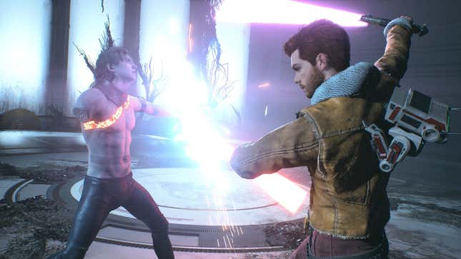 Cal and Dagan are seen fighting with their lightsabers in an overgrown room.