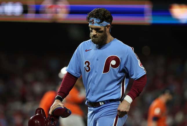 Nov 3, 2022; Philadelphia, Pennsylvania, USA; Philadelphia Phillies designated hitter Bryce Harper (3) reacts against the Houston Astros after the ninth inning in game five of the 2022 World Series at Citizens Bank Park.